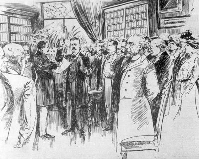 After the assassination of William McKinley, Theodore Roosevelt was sworn into office in 1901 in Buffalo, New York. At 42, he became the youngest president in the nation's history. Image: The Nashville, Tennessee, News, 1901. 